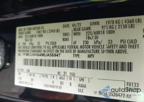 2021 Ford Escape Sel z USA, uszkodzony, nr VIN 1FMCU0H64MUA56947